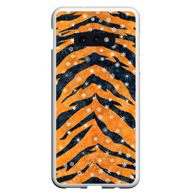 Чехол для Samsung S10E с принтом Новогодняя шкура тигра , Силикон | Область печати: задняя сторона чехла, без боковых панелей | 2022 | новый год | оранжевый | полосатый | полоски | полосы | снег | снежинки | тгриный | тигр