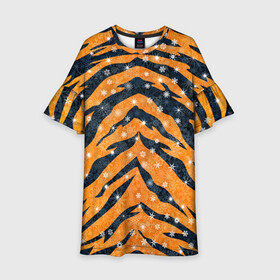Детское платье 3D с принтом Новогодняя шкура тигра , 100% полиэстер | прямой силуэт, чуть расширенный к низу. Круглая горловина, на рукавах — воланы | 2022 | новый год | оранжевый | полосатый | полоски | полосы | снег | снежинки | тгриный | тигр