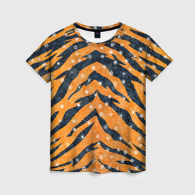 Женская футболка 3D с принтом Новогодняя шкура тигра , 100% полиэфир ( синтетическое хлопкоподобное полотно) | прямой крой, круглый вырез горловины, длина до линии бедер | 2022 | новый год | оранжевый | полосатый | полоски | полосы | снег | снежинки | тгриный | тигр