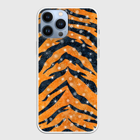 Чехол для iPhone 13 Pro Max с принтом Новогодняя шкура тигра ,  |  | 2022 | новый год | оранжевый | полосатый | полоски | полосы | снег | снежинки | тгриный | тигр