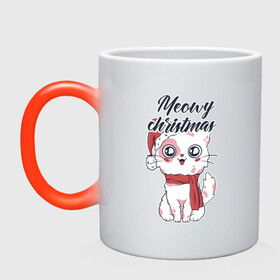 Кружка хамелеон с принтом Christmas Cat , керамика | меняет цвет при нагревании, емкость 330 мл | art | cat | christmas | holiday | new year | арт | кот | котик | кошка | новый год | праздник | рождество