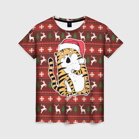 Женская футболка 3D с принтом Рождественский удивленный тигр , 100% полиэфир ( синтетическое хлопкоподобное полотно) | прямой крой, круглый вырез горловины, длина до линии бедер | 2022 | год тигра | новый год | новый год 2022 | символ года | тигр | тигренок | тигрица | тигры