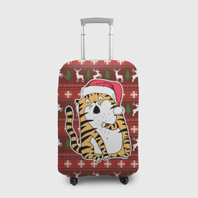 Чехол для чемодана 3D с принтом Рождественский удивленный тигр , 86% полиэфир, 14% спандекс | двустороннее нанесение принта, прорези для ручек и колес | 2022 | год тигра | новый год | новый год 2022 | символ года | тигр | тигренок | тигрица | тигры