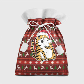 Подарочный 3D мешок с принтом Рождественский удивленный тигр , 100% полиэстер | Размер: 29*39 см | 2022 | год тигра | новый год | новый год 2022 | символ года | тигр | тигренок | тигрица | тигры