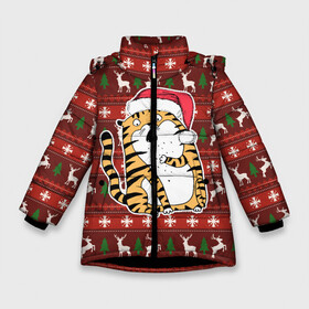 Зимняя куртка для девочек 3D с принтом Рождественский удивленный тигр , ткань верха — 100% полиэстер; подклад — 100% полиэстер, утеплитель — 100% полиэстер. | длина ниже бедра, удлиненная спинка, воротник стойка и отстегивающийся капюшон. Есть боковые карманы с листочкой на кнопках, утяжки по низу изделия и внутренний карман на молнии. 

Предусмотрены светоотражающий принт на спинке, радужный светоотражающий элемент на пуллере молнии и на резинке для утяжки. | 2022 | год тигра | новый год | новый год 2022 | символ года | тигр | тигренок | тигрица | тигры