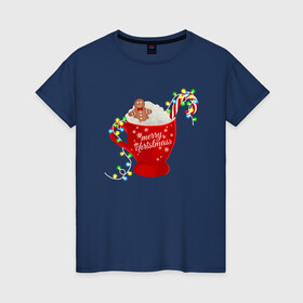 Женская футболка хлопок с принтом Рождественский пряник , 100% хлопок | прямой крой, круглый вырез горловины, длина до линии бедер, слегка спущенное плечо | гирлянда | еда | кофе | кружка | новый год | праздник | пряник | рождество