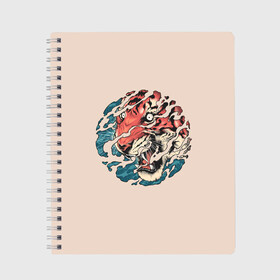 Тетрадь с принтом Тора. Японский тигр , 100% бумага | 48 листов, плотность листов — 60 г/м2, плотность картонной обложки — 250 г/м2. Листы скреплены сбоку удобной пружинной спиралью. Уголки страниц и обложки скругленные. Цвет линий — светло-серый
 | Тематика изображения на принте: 2022 | 22 | eyes | fangs | japan | japanese | new | ocean | river | sea | second | symbol | tiger | tora | torah | twenty | water | year | вода | второй | глаза | год | года | двадцать | клыки | море | нового | новый | океан | река | символ | тигр | тора 