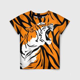 Детская футболка 3D с принтом Тигровый окрас , 100% гипоаллергенный полиэфир | прямой крой, круглый вырез горловины, длина до линии бедер, чуть спущенное плечо, ткань немного тянется | 2022 | aggressive | brindle color | fangs | in profile | new year | open mouth | predator | tiger | year of the tiger | агрессивный | в профиль | год тигра | клыки | новый год | открытая пасть | тигр | тигровый окрас | хищник