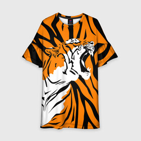 Детское платье 3D с принтом Тигровый окрас , 100% полиэстер | прямой силуэт, чуть расширенный к низу. Круглая горловина, на рукавах — воланы | 2022 | aggressive | brindle color | fangs | in profile | new year | open mouth | predator | tiger | year of the tiger | агрессивный | в профиль | год тигра | клыки | новый год | открытая пасть | тигр | тигровый окрас | хищник