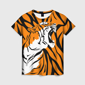 Женская футболка 3D с принтом Тигровый окрас , 100% полиэфир ( синтетическое хлопкоподобное полотно) | прямой крой, круглый вырез горловины, длина до линии бедер | 2022 | aggressive | brindle color | fangs | in profile | new year | open mouth | predator | tiger | year of the tiger | агрессивный | в профиль | год тигра | клыки | новый год | открытая пасть | тигр | тигровый окрас | хищник