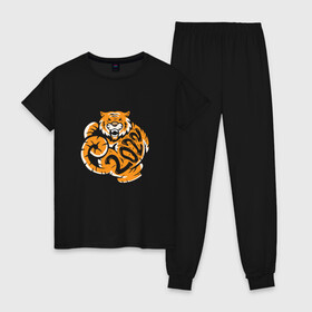 Женская пижама хлопок с принтом Символ 2022 года Тигр , 100% хлопок | брюки и футболка прямого кроя, без карманов, на брюках мягкая резинка на поясе и по низу штанин | 2022 | amur tiger | beast | fangs | happy new year | merry christmas | new year | predator | snow | stars | stern grin | stern look | winter | year of the tiger | амурский тигр | год тигра | зверь | зима | клыки | новый год | пр | снег | снежинк