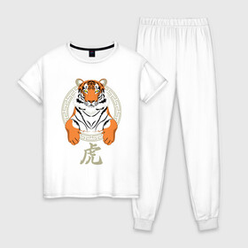 Женская пижама хлопок с принтом Тигр в раме , 100% хлопок | брюки и футболка прямого кроя, без карманов, на брюках мягкая резинка на поясе и по низу штанин | 2022 | chinese character | framed | new year | ornament | powerful | predator | strong | tiger | year of the tiger | yellow look | в рамке | год тигра | жёлтый взгляд | китайский иероглиф | мощный | новый год | орнамент | сильный | тигр | хищник