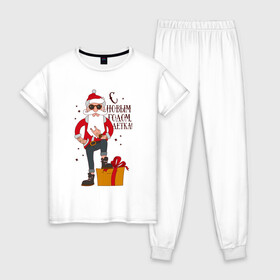 Женская пижама хлопок с принтом С НОВЫМ ГОДОМ, ДЕТКА , 100% хлопок | брюки и футболка прямого кроя, без карманов, на брюках мягкая резинка на поясе и по низу штанин | art | christmas | drawing | funny | gift | hipster | new year | rocker | santa claus | tough grandfather | арт | дед мороз | крутой дед | новый год | подарок | прикол | рисунок | рождество | рокер | санта клаус | хипстер