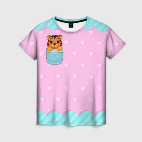 Женская футболка 3D с принтом Маленький тигр в кармане , 100% полиэфир ( синтетическое хлопкоподобное полотно) | прямой крой, круглый вырез горловины, длина до линии бедер | 2022 | год тигра | новый год | новый год 2022 | символ года | тигр | тигренок | тигрица | тигры