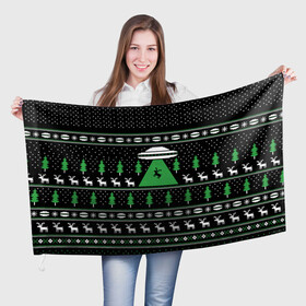 Флаг 3D с принтом Новогоднее НЛО , 100% полиэстер | плотность ткани — 95 г/м2, размер — 67 х 109 см. Принт наносится с одной стороны | 2020 | 2021 | christmas | merry | инопланетяне | летающая тарелка | нг | нло | новогодний | новый год | рождество | свитер | узоры