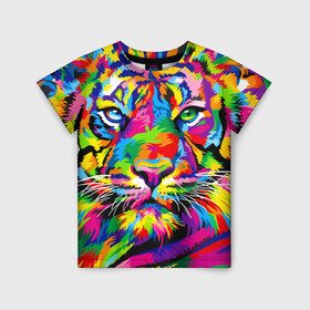 Детская футболка 3D с принтом Тигр в стиле поп арт , 100% гипоаллергенный полиэфир | прямой крой, круглый вырез горловины, длина до линии бедер, чуть спущенное плечо, ткань немного тянется | Тематика изображения на принте: 2022 | art | beast | mosaic | multicolored head | new year | pop art | predator | rainbow | tiger | year of the tiger | год тигра | зверь | искусство | мозаика | новый год | радужный | разноцветная голова | тигр | хищник