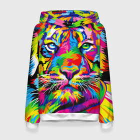 Женская толстовка 3D с принтом Тигр в стиле поп арт , 100% полиэстер  | двухслойный капюшон со шнурком для регулировки, мягкие манжеты на рукавах и по низу толстовки, спереди карман-кенгуру с мягким внутренним слоем. | 2022 | art | beast | mosaic | multicolored head | new year | pop art | predator | rainbow | tiger | year of the tiger | год тигра | зверь | искусство | мозаика | новый год | радужный | разноцветная голова | тигр | хищник