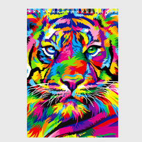 Скетчбук с принтом Тигр в стиле поп арт , 100% бумага
 | 48 листов, плотность листов — 100 г/м2, плотность картонной обложки — 250 г/м2. Листы скреплены сверху удобной пружинной спиралью | 2022 | art | beast | mosaic | multicolored head | new year | pop art | predator | rainbow | tiger | year of the tiger | год тигра | зверь | искусство | мозаика | новый год | радужный | разноцветная голова | тигр | хищник