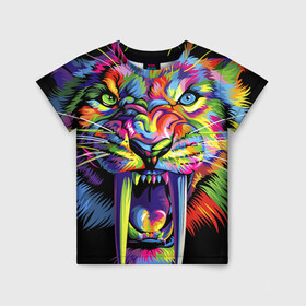 Детская футболка 3D с принтом Саблезубый тигр в стиле поп арт , 100% гипоаллергенный полиэфир | прямой крой, круглый вырез горловины, длина до линии бедер, чуть спущенное плечо, ткань немного тянется | 2022 | art | beast | colorful head | mosaic | new year | pop art | predator | rainbow | sabertoothed tiger | year of the tiger | большие клыки | год тигра | зверь | искусство | мозаика | новый год | радужный | разноцветная голова | саблезубый тиг