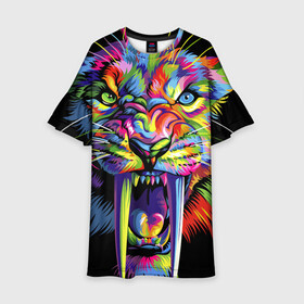 Детское платье 3D с принтом Саблезубый тигр в стиле поп арт , 100% полиэстер | прямой силуэт, чуть расширенный к низу. Круглая горловина, на рукавах — воланы | 2022 | art | beast | colorful head | mosaic | new year | pop art | predator | rainbow | sabertoothed tiger | year of the tiger | большие клыки | год тигра | зверь | искусство | мозаика | новый год | радужный | разноцветная голова | саблезубый тиг