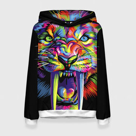 Женская толстовка 3D с принтом Саблезубый тигр в стиле поп арт , 100% полиэстер  | двухслойный капюшон со шнурком для регулировки, мягкие манжеты на рукавах и по низу толстовки, спереди карман-кенгуру с мягким внутренним слоем. | 2022 | art | beast | colorful head | mosaic | new year | pop art | predator | rainbow | sabertoothed tiger | year of the tiger | большие клыки | год тигра | зверь | искусство | мозаика | новый год | радужный | разноцветная голова | саблезубый тиг
