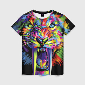 Женская футболка 3D с принтом Саблезубый тигр в стиле поп арт , 100% полиэфир ( синтетическое хлопкоподобное полотно) | прямой крой, круглый вырез горловины, длина до линии бедер | 2022 | art | beast | colorful head | mosaic | new year | pop art | predator | rainbow | sabertoothed tiger | year of the tiger | большие клыки | год тигра | зверь | искусство | мозаика | новый год | радужный | разноцветная голова | саблезубый тиг