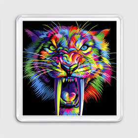 Магнит 55*55 с принтом Саблезубый тигр в стиле поп арт , Пластик | Размер: 65*65 мм; Размер печати: 55*55 мм | Тематика изображения на принте: 2022 | art | beast | colorful head | mosaic | new year | pop art | predator | rainbow | sabertoothed tiger | year of the tiger | большие клыки | год тигра | зверь | искусство | мозаика | новый год | радужный | разноцветная голова | саблезубый тиг