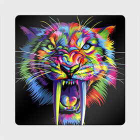 Магнит виниловый Квадрат с принтом Саблезубый тигр в стиле поп арт , полимерный материал с магнитным слоем | размер 9*9 см, закругленные углы | 2022 | art | beast | colorful head | mosaic | new year | pop art | predator | rainbow | sabertoothed tiger | year of the tiger | большие клыки | год тигра | зверь | искусство | мозаика | новый год | радужный | разноцветная голова | саблезубый тиг