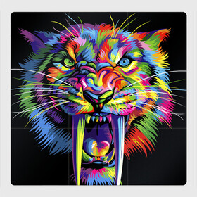 Магнитный плакат 3Х3 с принтом Саблезубый тигр в стиле поп арт , Полимерный материал с магнитным слоем | 9 деталей размером 9*9 см | 2022 | art | beast | colorful head | mosaic | new year | pop art | predator | rainbow | sabertoothed tiger | year of the tiger | большие клыки | год тигра | зверь | искусство | мозаика | новый год | радужный | разноцветная голова | саблезубый тиг