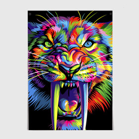 Постер с принтом Саблезубый тигр в стиле поп арт , 100% бумага
 | бумага, плотность 150 мг. Матовая, но за счет высокого коэффициента гладкости имеет небольшой блеск и дает на свету блики, но в отличии от глянцевой бумаги не покрыта лаком | 2022 | art | beast | colorful head | mosaic | new year | pop art | predator | rainbow | sabertoothed tiger | year of the tiger | большие клыки | год тигра | зверь | искусство | мозаика | новый год | радужный | разноцветная голова | саблезубый тиг