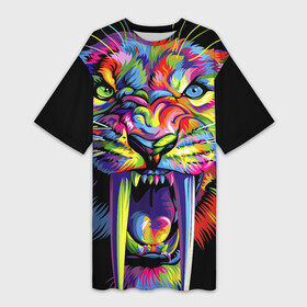 Платье-футболка 3D с принтом Саблезубый тигр в стиле поп арт ,  |  | 2022 | art | beast | colorful head | mosaic | new year | pop art | predator | rainbow | sabertoothed tiger | year of the tiger | большие клыки | год тигра | зверь | искусство | мозаика | новый год | радужный | разноцветная голова | саблезубый тиг