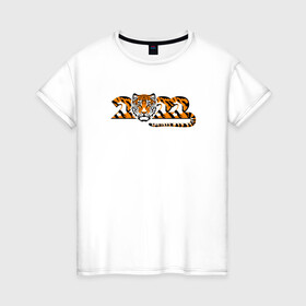 Женская футболка хлопок с принтом Надпись 2022 Тигр , 100% хлопок | прямой крой, круглый вырез горловины, длина до линии бедер, слегка спущенное плечо | 2022 | год тигра | новый год | новый год 2022 | символ года | тигр | тигренок | тигрица | тигры