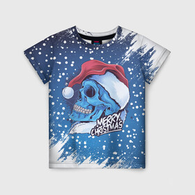 Детская футболка 3D с принтом Merry Christmas | Счастливого Рождества | Skull , 100% гипоаллергенный полиэфир | прямой крой, круглый вырез горловины, длина до линии бедер, чуть спущенное плечо, ткань немного тянется | 2022 | christmas | cold | klaus | merry | new | santa | skull | snow | winter | year | год | дед | зима | клаус | мороз | новый | рождество | санта | скелет | снег | холод | череп