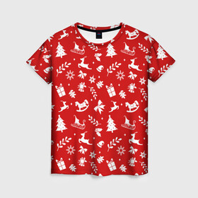 Женская футболка 3D с принтом НОВОГОДНИЙ УЗОР КРАСНО БЕЛЫЙ , 100% полиэфир ( синтетическое хлопкоподобное полотно) | прямой крой, круглый вырез горловины, длина до линии бедер | 2022 | beast | merry christmas | new year | red bow | santa hat | snow | tiger | winter | winter is coming | year of the tiger | год тигра | дед мороз | животные | звери | зверь | зима | зима 2022 | зима близко | новогодний свитер | новогодний у