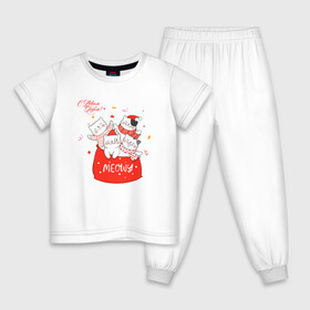 Детская пижама хлопок с принтом НОВОГОДНИЕ КОТИКИ MEOW НОВЫЙ ГОД 2022 , 100% хлопок |  брюки и футболка прямого кроя, без карманов, на брюках мягкая резинка на поясе и по низу штанин
 | 2022 | beast | merry christmas | new year | red bow | santa hat | snow | tiger | winter | winter is coming | year of the tiger | год тигра | дед мороз | животные | звери | зверь | зима | зима 2022 | зима близко | новогодний свитер | новогодний у