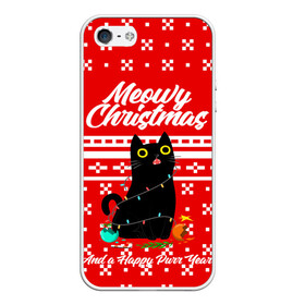 Чехол для iPhone 5/5S матовый с принтом MEOW | CHRISTMAS , Силикон | Область печати: задняя сторона чехла, без боковых панелей | Тематика изображения на принте: 2020 | 2021 | 2022 | christmas | meow | meowy christmas | merry | кот | леденец | мяу | нг | новогодний | новый год | олени | рождество | свитер | узоры