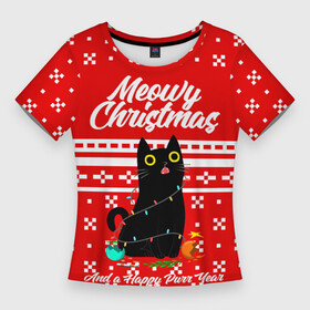 Женская футболка 3D Slim с принтом MEOW  CHRISTMAS ,  |  | 2020 | 2021 | 2022 | christmas | meow | meowy christmas | merry | кот | леденец | мяу | нг | новогодний | новый год | олени | рождество | свитер | узоры