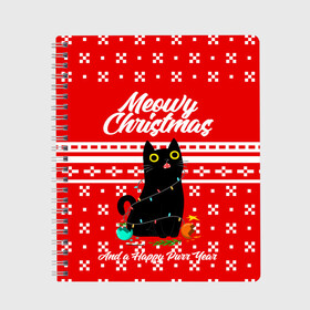 Тетрадь с принтом MEOW | CHRISTMAS , 100% бумага | 48 листов, плотность листов — 60 г/м2, плотность картонной обложки — 250 г/м2. Листы скреплены сбоку удобной пружинной спиралью. Уголки страниц и обложки скругленные. Цвет линий — светло-серый
 | Тематика изображения на принте: 2020 | 2021 | 2022 | christmas | meow | meowy christmas | merry | кот | леденец | мяу | нг | новогодний | новый год | олени | рождество | свитер | узоры