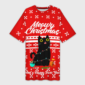 Платье-футболка 3D с принтом MEOW  CHRISTMAS ,  |  | 2020 | 2021 | 2022 | christmas | meow | meowy christmas | merry | кот | леденец | мяу | нг | новогодний | новый год | олени | рождество | свитер | узоры