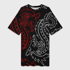 Платье-футболка 3D с принтом БЕЛО КРАСНЫЙ ДРАКОН  RED WHITE DRAGON ,  |  | china | dragon | japan | neon | texture | драконы | китай | мифология | неон | неоновые драконы | текстура | япония
