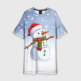 Детское платье 3D с принтом Веселый Снеговик   Happy Snowman , 100% полиэстер | прямой силуэт, чуть расширенный к низу. Круглая горловина, на рукавах — воланы | christmas | santa | snowman | дед мороз | елка | зима | новый год | рождество | санта | снег | снеговик | снегурочка | снежинка