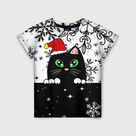 Детская футболка 3D с принтом Новогодний кот в колпаке Санты , 100% гипоаллергенный полиэфир | прямой крой, круглый вырез горловины, длина до линии бедер, чуть спущенное плечо, ткань немного тянется | black cat | cat | christmas | kitten | kitty | merry christmas | new year | new year cat | santa | snow | snowflakes | winter | зима | киска | колпак | кот | котенок | кошак | новогодний кот | новый год | подарок | рождество | санта | снег 