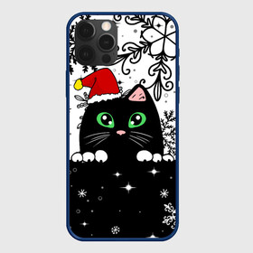 Чехол для iPhone 12 Pro Max с принтом Новогодний кот в колпаке Санты , Силикон |  | black cat | cat | christmas | kitten | kitty | merry christmas | new year | new year cat | santa | snow | snowflakes | winter | зима | киска | колпак | кот | котенок | кошак | новогодний кот | новый год | подарок | рождество | санта | снег 