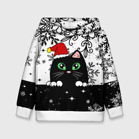 Детская толстовка 3D с принтом Новогодний кот в колпаке Санты , 100% полиэстер | двухслойный капюшон со шнурком для регулировки, мягкие манжеты на рукавах и по низу толстовки, спереди карман-кенгуру с мягким внутренним слоем | black cat | cat | christmas | kitten | kitty | merry christmas | new year | new year cat | santa | snow | snowflakes | winter | зима | киска | колпак | кот | котенок | кошак | новогодний кот | новый год | подарок | рождество | санта | снег 