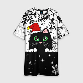 Детское платье 3D с принтом Новогодний кот в колпаке Санты , 100% полиэстер | прямой силуэт, чуть расширенный к низу. Круглая горловина, на рукавах — воланы | black cat | cat | christmas | kitten | kitty | merry christmas | new year | new year cat | santa | snow | snowflakes | winter | зима | киска | колпак | кот | котенок | кошак | новогодний кот | новый год | подарок | рождество | санта | снег 