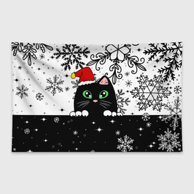 Флаг-баннер с принтом Новогодний кот в колпаке Санты , 100% полиэстер | размер 67 х 109 см, плотность ткани — 95 г/м2; по краям флага есть четыре люверса для крепления | black cat | cat | christmas | kitten | kitty | merry christmas | new year | new year cat | santa | snow | snowflakes | winter | зима | киска | колпак | кот | котенок | кошак | новогодний кот | новый год | подарок | рождество | санта | снег 