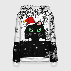 Женская толстовка 3D с принтом Новогодний кот в колпаке Санты , 100% полиэстер  | двухслойный капюшон со шнурком для регулировки, мягкие манжеты на рукавах и по низу толстовки, спереди карман-кенгуру с мягким внутренним слоем. | black cat | cat | christmas | kitten | kitty | merry christmas | new year | new year cat | santa | snow | snowflakes | winter | зима | киска | колпак | кот | котенок | кошак | новогодний кот | новый год | подарок | рождество | санта | снег 