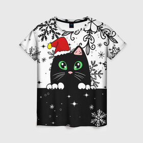Женская футболка 3D с принтом Новогодний кот в колпаке Санты , 100% полиэфир ( синтетическое хлопкоподобное полотно) | прямой крой, круглый вырез горловины, длина до линии бедер | black cat | cat | christmas | kitten | kitty | merry christmas | new year | new year cat | santa | snow | snowflakes | winter | зима | киска | колпак | кот | котенок | кошак | новогодний кот | новый год | подарок | рождество | санта | снег 