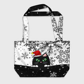 Пляжная сумка 3D с принтом Новогодний кот в колпаке Санты , 100% полиэстер | застегивается на металлическую кнопку; внутренний карман застегивается на молнию. Стенки укреплены специальным мягким материалом, чтобы защитить содержимое от несильных ударов
 | black cat | cat | christmas | kitten | kitty | merry christmas | new year | new year cat | santa | snow | snowflakes | winter | зима | киска | колпак | кот | котенок | кошак | новогодний кот | новый год | подарок | рождество | санта | снег 