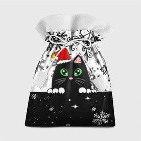Подарочный 3D мешок с принтом Новогодний кот в колпаке Санты , 100% полиэстер | Размер: 29*39 см | black cat | cat | christmas | kitten | kitty | merry christmas | new year | new year cat | santa | snow | snowflakes | winter | зима | киска | колпак | кот | котенок | кошак | новогодний кот | новый год | подарок | рождество | санта | снег 
